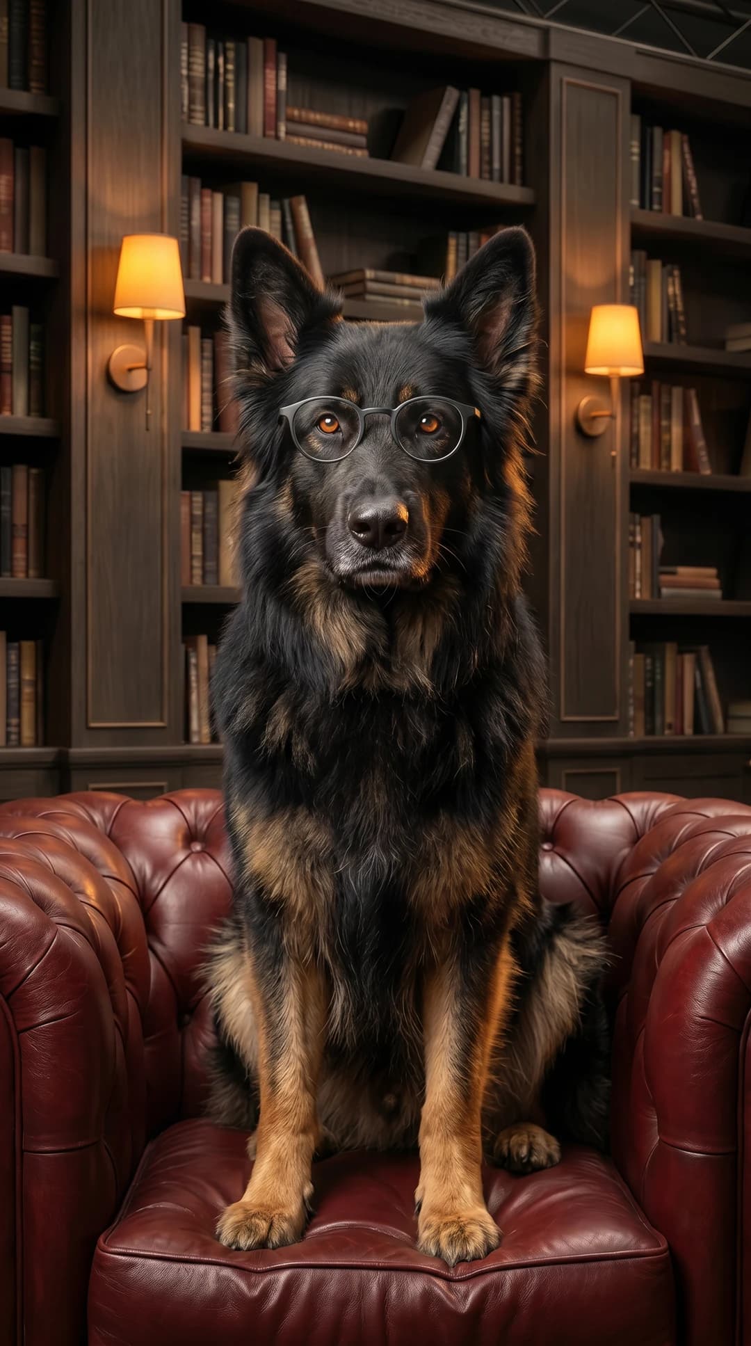 Dogtor Know, ein fast schwarzer altdeutscher Schäferhund mit runder Brille, sitzt auf einem oxblutroten Chesterfield-Sessel vor einer Bibliothek